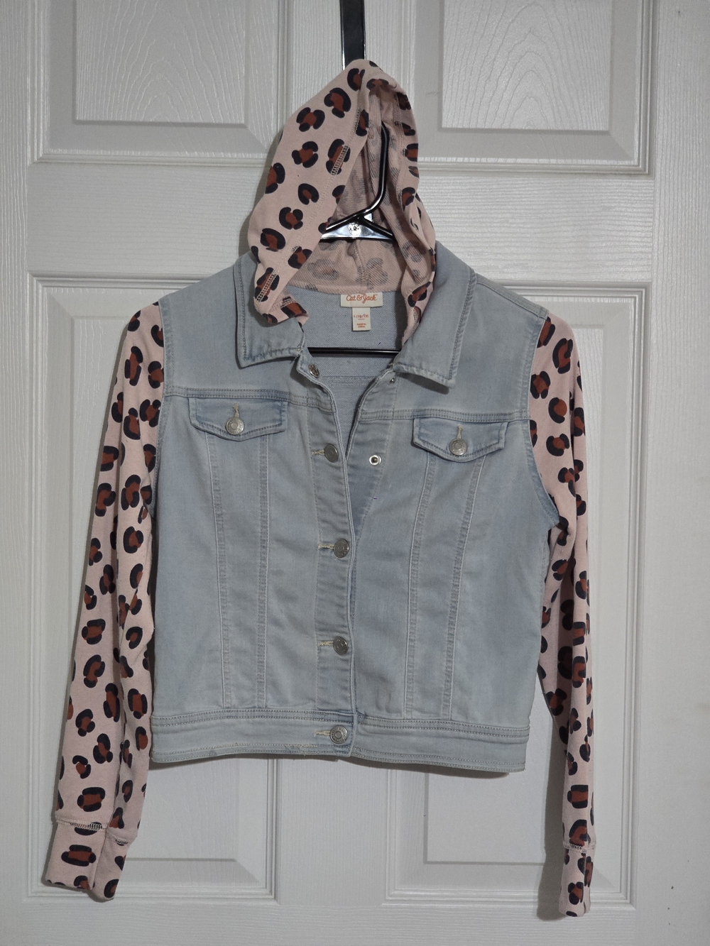 Cat & Jack Light Blue Denim Jacket with Pink Leopard Print Hooded Sleeves